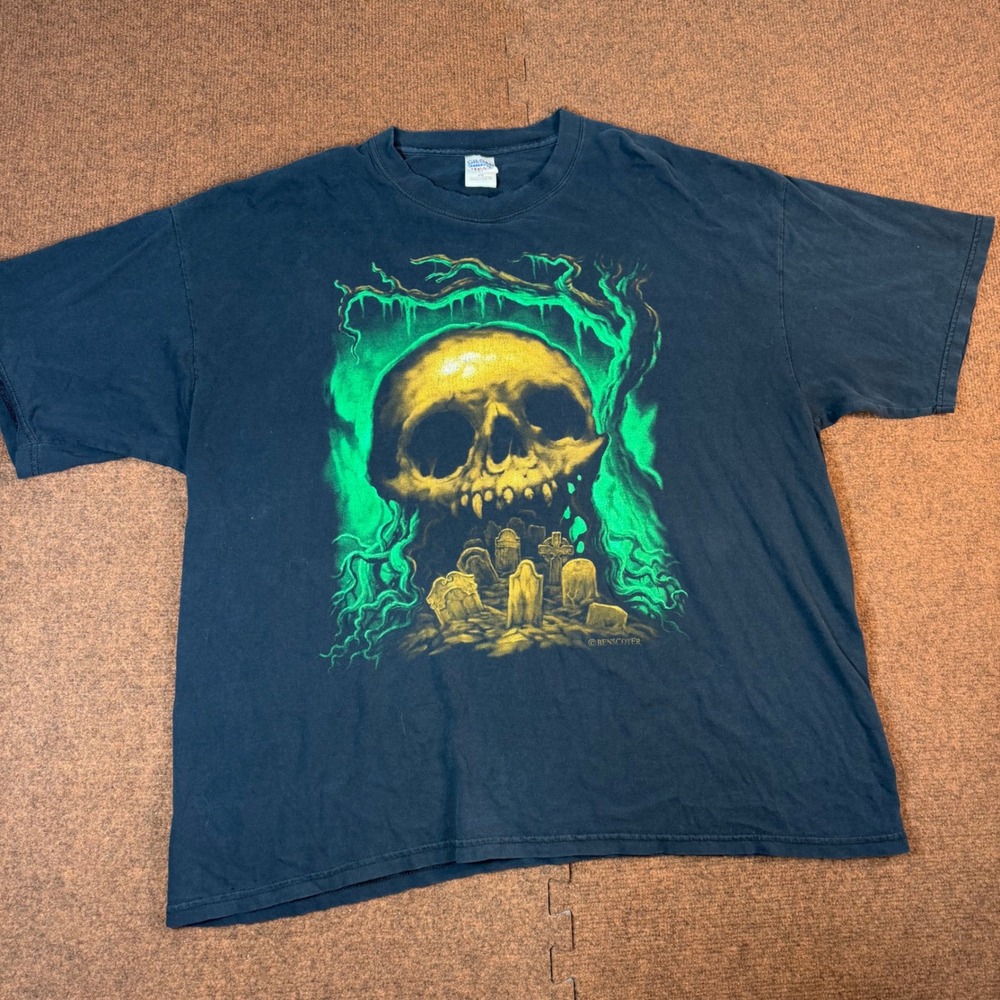 Gildan Wes Benscoter Skull Graveyard Graphic T-Shirt Mens 2XL Black Neon Green